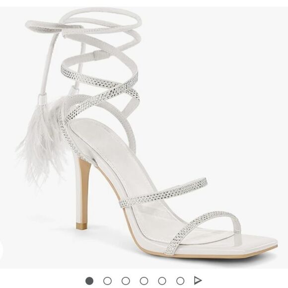 Rhinestone Embellished Open Square Toe Strappy Lace Up Heels - White new - Picture 3 of 12